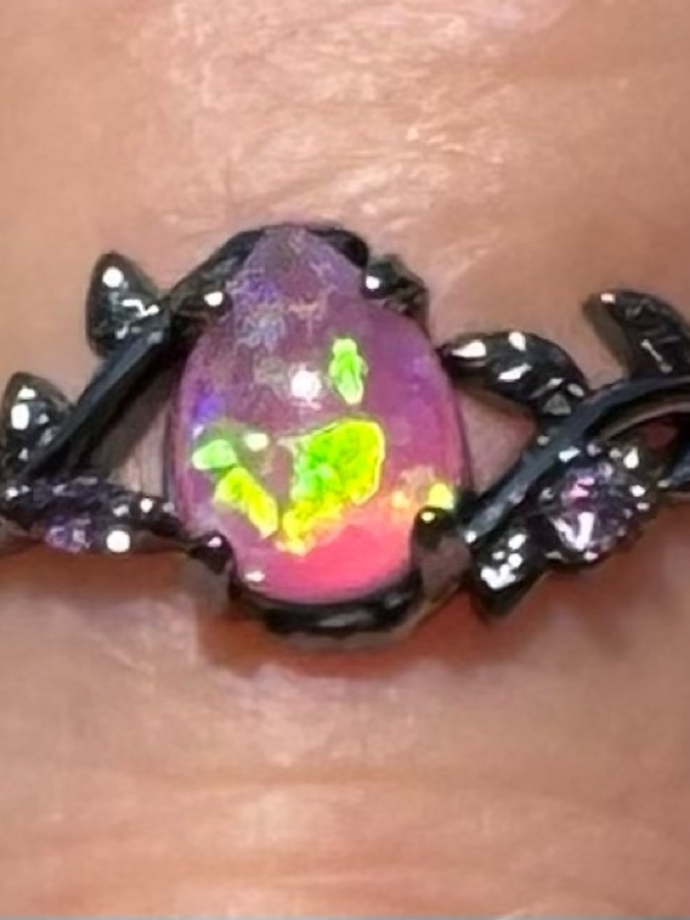 Black Sterling Ring with Pink Opal Teardrop Stone